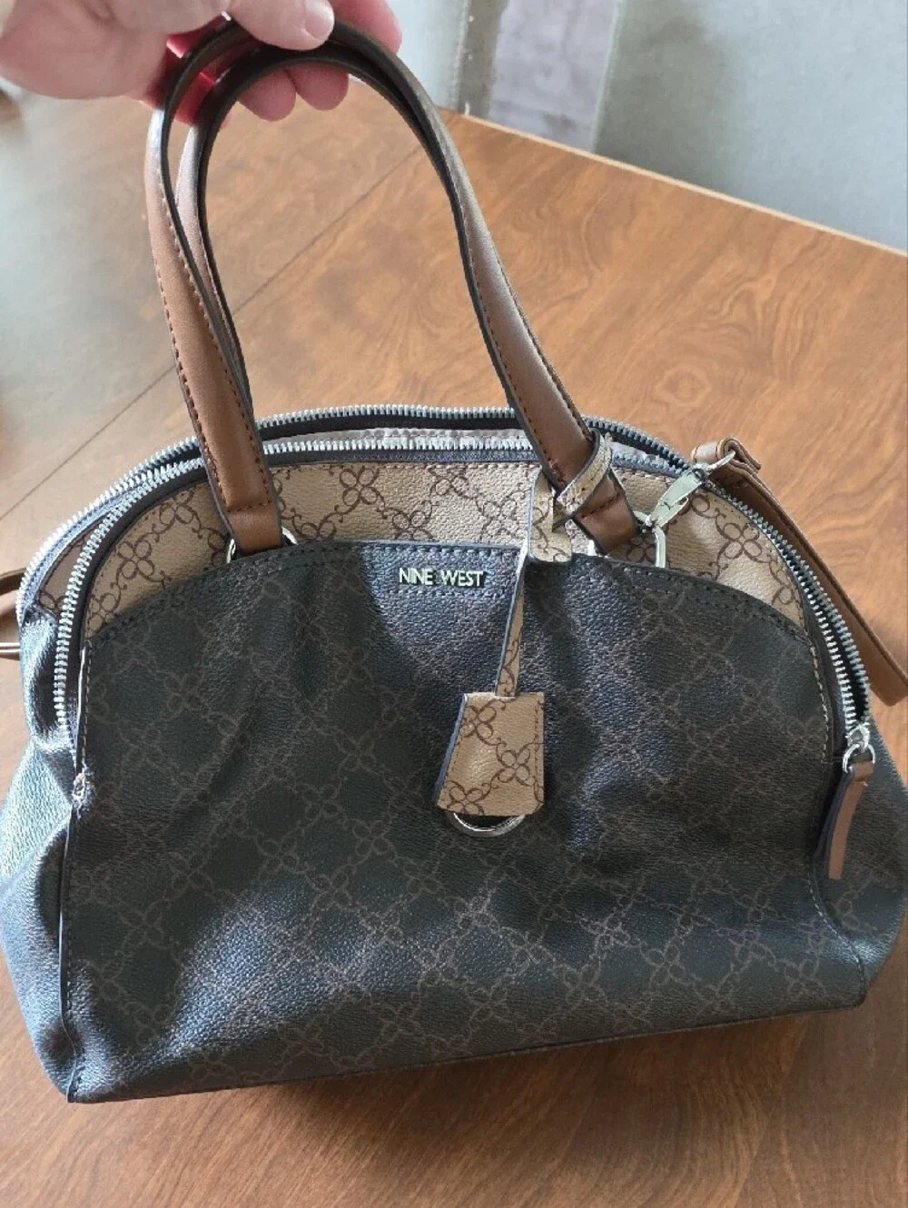 Nine West Brown and Tan Monogram Satchel with Shoulder Strap